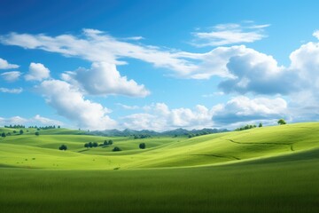 A picturesque green field with tall trees and fluffy white clouds dominating the clear blue sky, Hilly green landscape view with green grass and a beautiful sky, AI Generated