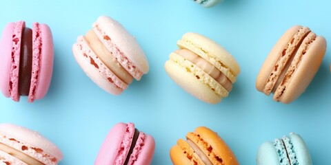 Obraz premium Sweet almond colorful macaron or macaroon dessert cake isolated on trendy blue pastel background. French sweet cookie. Minimal food bakery concept. Flat lay top view copy.