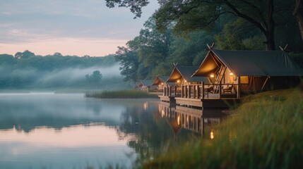 Fototapeta premium Photo of a Serene Lakeside Glamping Site, luxury tents and natural scenery