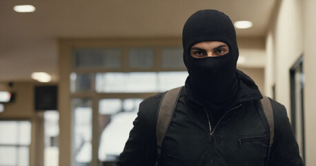A masked thief in a balaclava carrying a bag of stolen money, running away from the scene of a bank robbery.