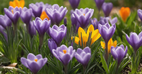 Vivid purple crocus flowers bloom in a springtime garden, bringing a burst of color to the natural surroundings.