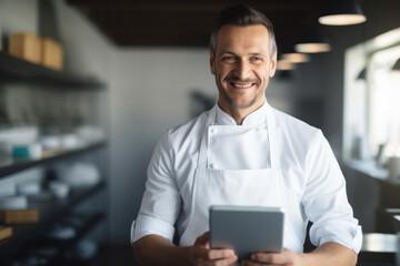 Confident chef with digital tablet overseeing restaurant operations.