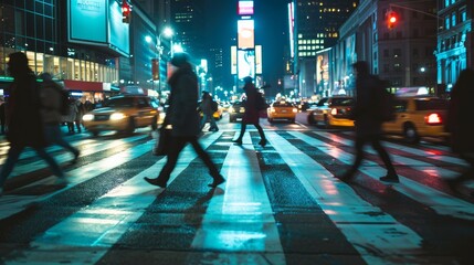 people crossing crosswalk in city. new york city night lights background    