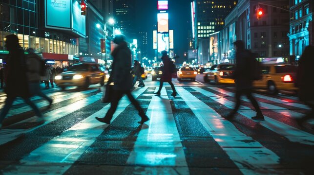 People Crossing Crosswalk In City. New York City Night Lights Background    