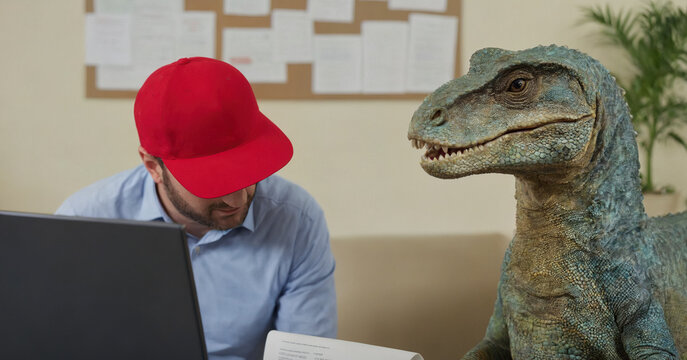 A surreal office scene where professionals wear dinosaur masks, adding humor and creativity to a business meeting.