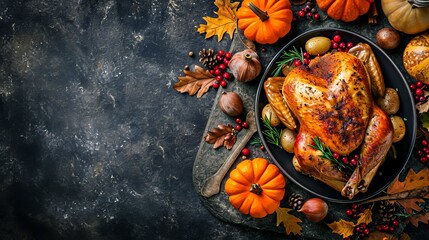 Roasted whole chicken or turkey with pumpkins, pepper and potatoes. With colorful mini pumpkins, autumn leafs and chestnuts served around aged stone dark rustic background, frame. Thanksgiving Day    