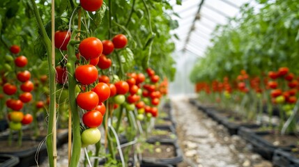 Rows of tomato hydroponic plants in greenhouse     - obrazy, fototapety, plakaty