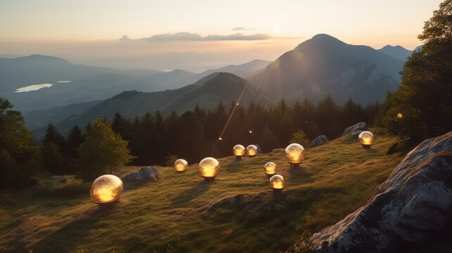 Mysterious glowing spheres of light on a mountain slope at sunset. Strange balls of light, shining orbs. Supernatural phenomenon or artistic installation. Vast landscape in twilight.