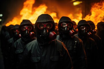 Group of People Wearing Gas Masks in Front of a Fire, Inferno Protectors, A group of masked firefighters bravely battles towering flames, showcasing their commitment to saving lives, AI Generated