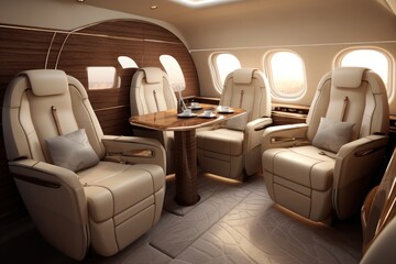 An inside view of an airplane showcasing a spacious layout with a table and chairs for comfortable seating during the journey, Interior of a luxurious private jet with leather seats, AI Generated