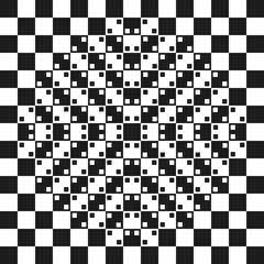 Optical illusion.Vector seamless pattern. Checkered background, design template with black and white squares illusion of space curvature. Background, texture with optical illusion effect.