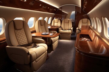 An image showing the interior of an airplane featuring comfortable leather seats, Interior of a luxurious private jet with leather seats, AI Generated