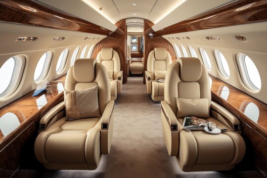 Take a journey in an aircraft featuring a roomy interior and plush leather seating, Interior of a luxurious private jet with leather seats, AI Generated