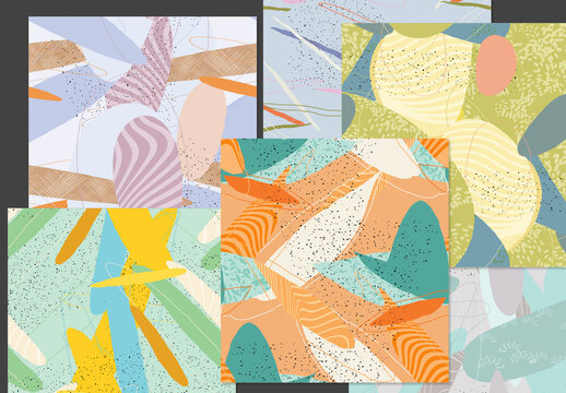 Seamless Pattern Set with Organic Grunge Textured Overlapping Oval Wavy Shapes and Lines