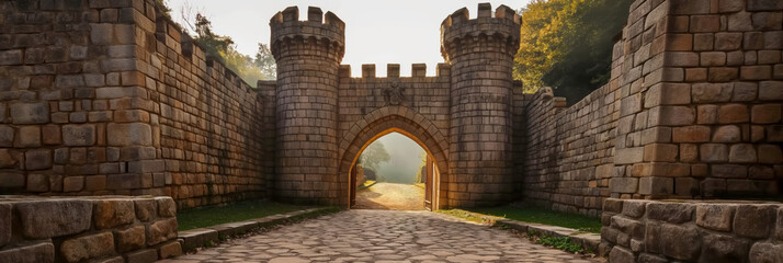 Ancient castle. Medieval castle door gate and walls. Castle wall tower. Castles landscape background. Stone medieval architecture. - obrazy, fototapety, plakaty
