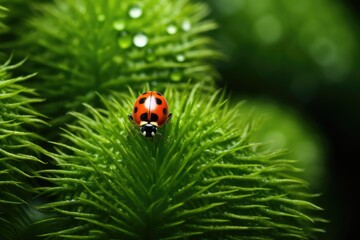 Naklejka premium A vibrant ladybug peacefully perches on the leaves of a lush green plant under the sunlight, Ladybug observed on a green fern leaf, captured in a macro close-up shot, AI Generated