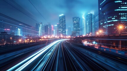 Fototapeta na wymiar Time Lapse of Railroad Travel Rushing Fast with Speed in Futuristic Cityscape Skyline 