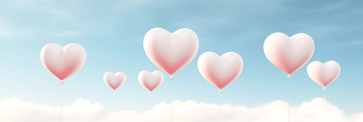Pink hearts on blue cloudy sky background banner. Valentine's Day. Panoramic web header. Wide screen wallpaper