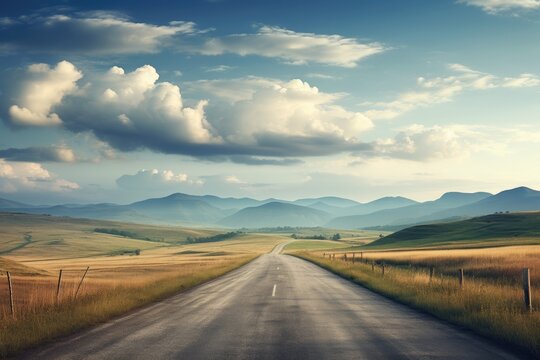 An endless empty road cutting through a vast field, extending towards the distant horizon, Long highway road landscape in a rural area, AI Generated