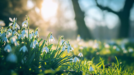 Natural spring background with delicate snowdrop flowers on sunny forest glade - obrazy, fototapety, plakaty