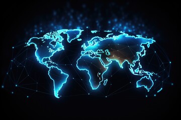Glowing World Map on Dark Background, Illuminating the Earths Global Connections, Global network connection on a world map hologram, black background, AI Generated
