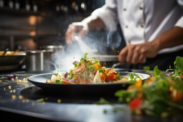 A chef effortlessly prepares a delicious meal on a plate in a bustling kitchen, gourmet dish being prepared in a high-end restaurant kitchen, AI Generated