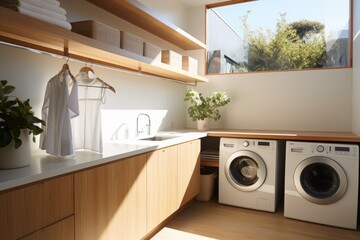 A compact washer and dryer set in a small room, providing a practical solution for doing laundry in limited spaces, laundry area home interior design clean and clear empty space, AI Generated