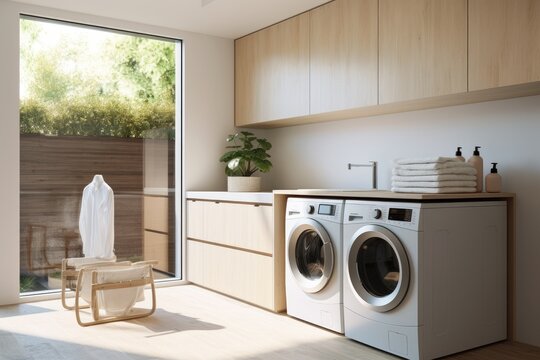A functional laundry room equipped with a washer and dryer for all your laundry needs, laundry area home interior design clean and clear empty space, AI Generated