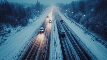 Icy Infrastructure, Long Shot of a Snow-Covered Highway with Abandoned Vehicles, Overhead Perspective, Capturing the Scale of Winter's Disruption - obrazy, fototapety, plakaty