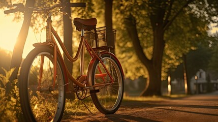 Fototapeta premium the bike is in focus during the golden hour and the background is slightly blurred, drawing attention to the intricate details of the bike.