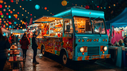 Fototapeta premium A vibrant food truck at a city festival, offering a variety of local and fast food options for outdoor dining.