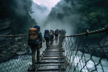A group of individuals walking together across a suspension bridge with a breathtaking view, Group of trekkers cross the bridge, AI Generated - obrazy, fototapety, plakaty