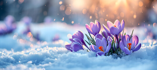 banner of Crocuses grow from under the snow - obrazy, fototapety, plakaty