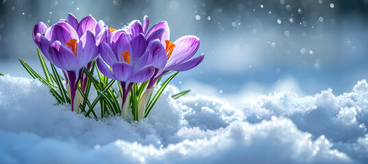 banner of Crocuses grow from under the snow