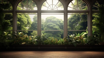 window frame as a natural border to frame the view of the green garden to highlight the lush foliage, creating a seamless blend of indoor and outdoor spaces.