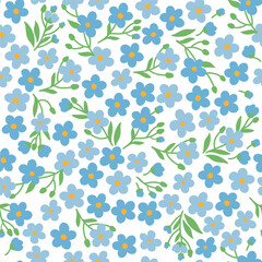 Seamless pattern of tiny stylized doodle light blue flowers forget-me-nots on white background