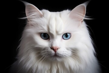 Fluffy white cat on an isolated black background, front view