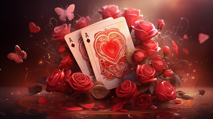 Playing cards for Valentine's Day with red roses
