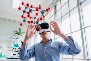 Child Explores Molecular Models with VR Glasses. Boy Wearing Reality Headset Interacts with 3D Molecule. Immersive STEM Education.