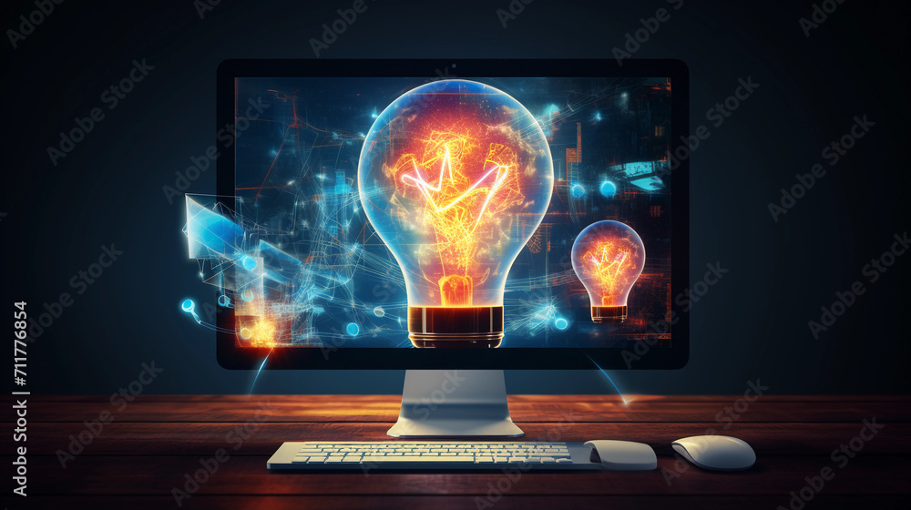 Poster idea concept represented by desktop computer with bulb hologram