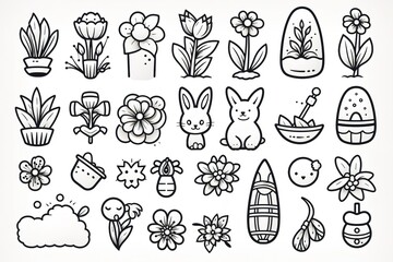 Funny Easter web icons set Vibrant,illustration with eggs, flowers, bunny and floral patterns on white background, ideal for festive design and springtime crafts.
