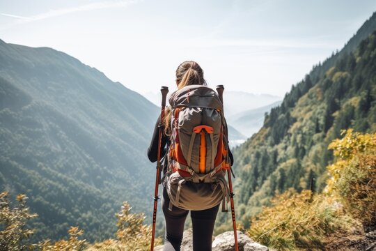 A woman strides uphill, equipped with a backpack and hiking poles for support, Hiker woman with trekking sticks climbs steep on mountain trail, AI Generated