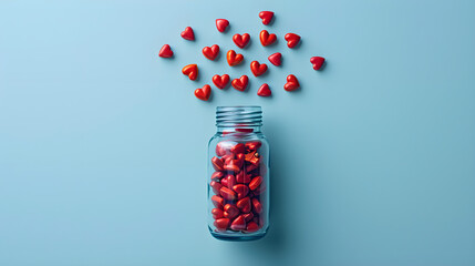 Red heart shaped pills in plastic bottle on the blue background. Concept of love and Valentine's Day	 - obrazy, fototapety, plakaty