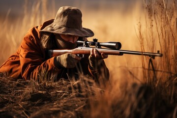 A man wearing a hat and coat holds a rifle in an outdoor setting, Hunter aiming with rifle, AI Generated