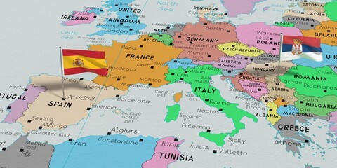 Spain and Serbia - pin flags on political map - 3D illustration