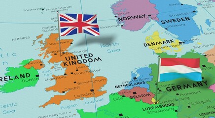 United Kingdom and Luxembourg - pin flags on political map - 3D illustration