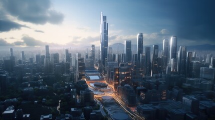 Fototapeta premium glowing hologram and cityscape in one frame to achieve a balanced and realistic representation of the process against a sunset backdrop