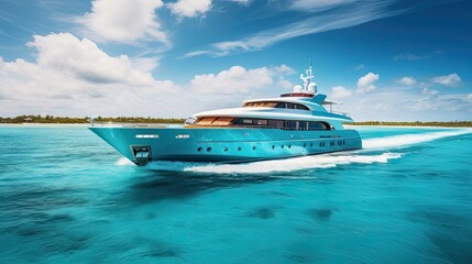 yacht during golden hours (dawn or sunset) to achieve warm and soft lighting, sunlight to highlight the features of the yacht, highlighting the wooden deck and turquoise waters.