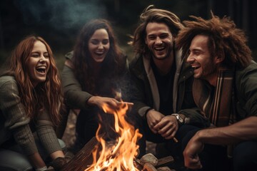 A diverse group of individuals sitting together by a warm, crackling fire, enjoying each others company, Joyous group of millennials laughing and bonding around a campfire, AI Generated