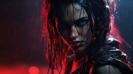 Futuristic ninja girl with red light wet hair in the background AI generated image - obrazy, fototapety, plakaty